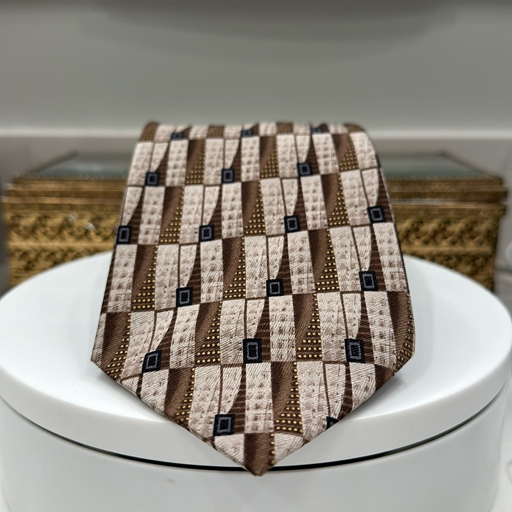 Carlos Devenezia - Hand Made Silk Tie, Brown/Tan/Gold/Black/Gray Geometric Print